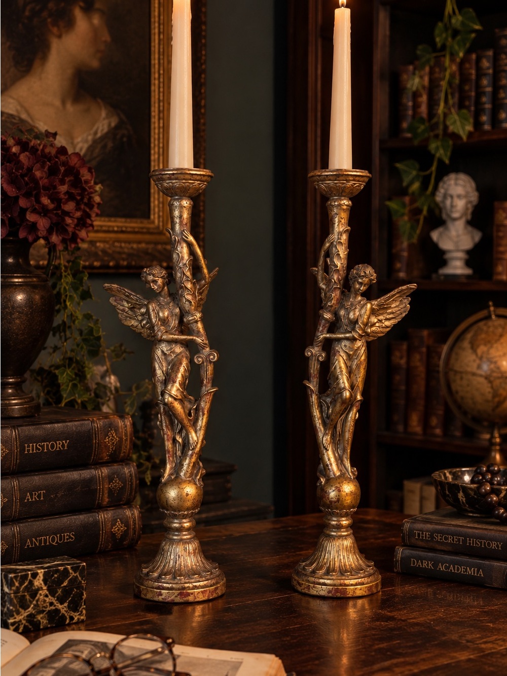 Vintage Fairy / Angel / Goddess Candlestick Pair in Gold